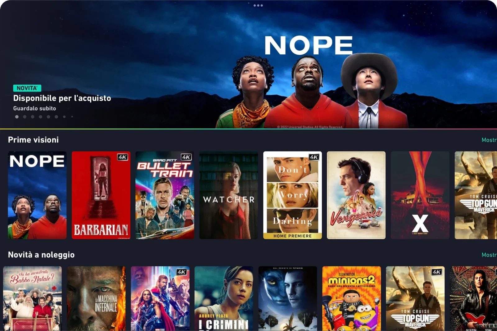 Home screen of the Chili iOS app on iPad, 2022: a full-width hero for the film Nope with the label New, Available to buy, Watch it now; below, a Premieres row and a New rentals row of posters, some with a 4K badge. Screenshot from the App Store page.