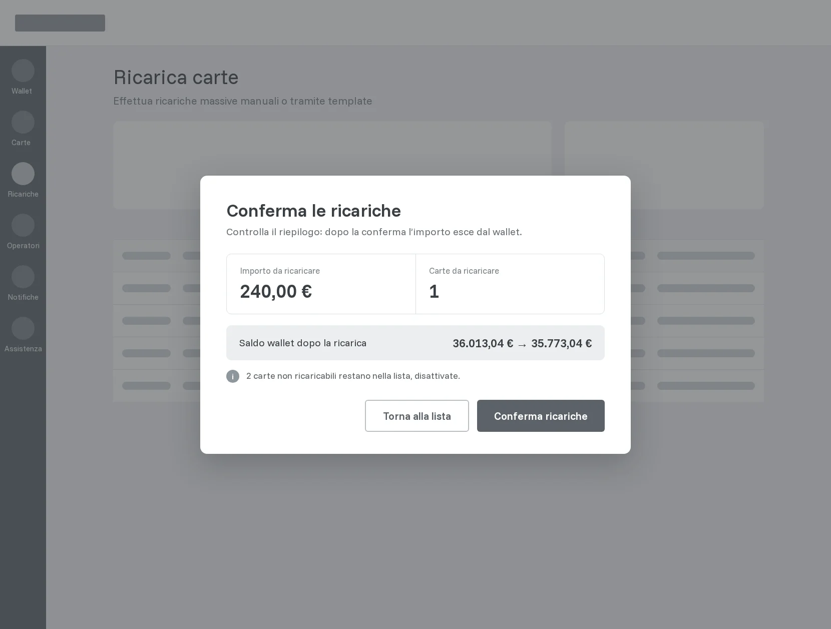 Wireframe dello step di conferma: importo da ricaricare, numero di carte, saldo del wallet prima e dopo, carte non ricaricabili che restano nella lista, e un solo pulsante di conferma
