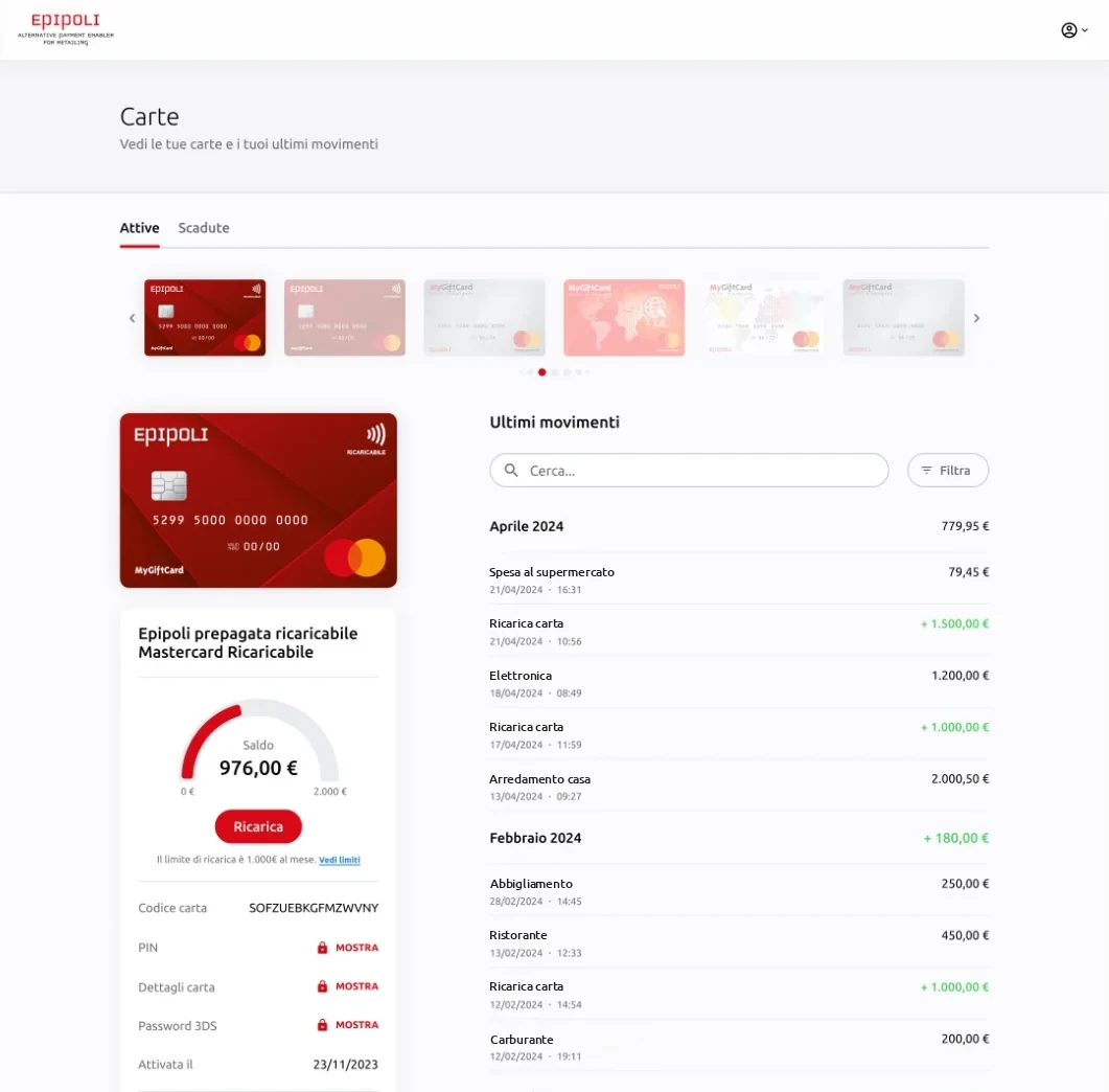Pagina Carte dell’area titolare MyGiftCard: schede per carte attive e scadute, un carosello con le carte del titolare, la prepagata Mastercard selezionata con un indicatore del saldo rispetto al limite di ricarica, un pulsante Ricarica, codice carta, PIN, dettagli carta e password 3DS nascosti dietro l’azione Mostra, e a destra gli ultimi movimenti con ricerca, filtro e un totale per ogni mese. Dati segnaposto.