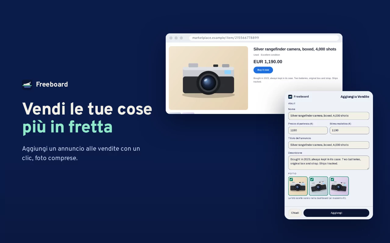 Schermata del Chrome Web Store, Vendi le tue cose più in fretta: sull’annuncio di una fotocamera, un riquadro Aggiungi alle Vendite con nome, prezzo dell’annuncio, stima realistica, titolo, descrizione e le foto da tenere.