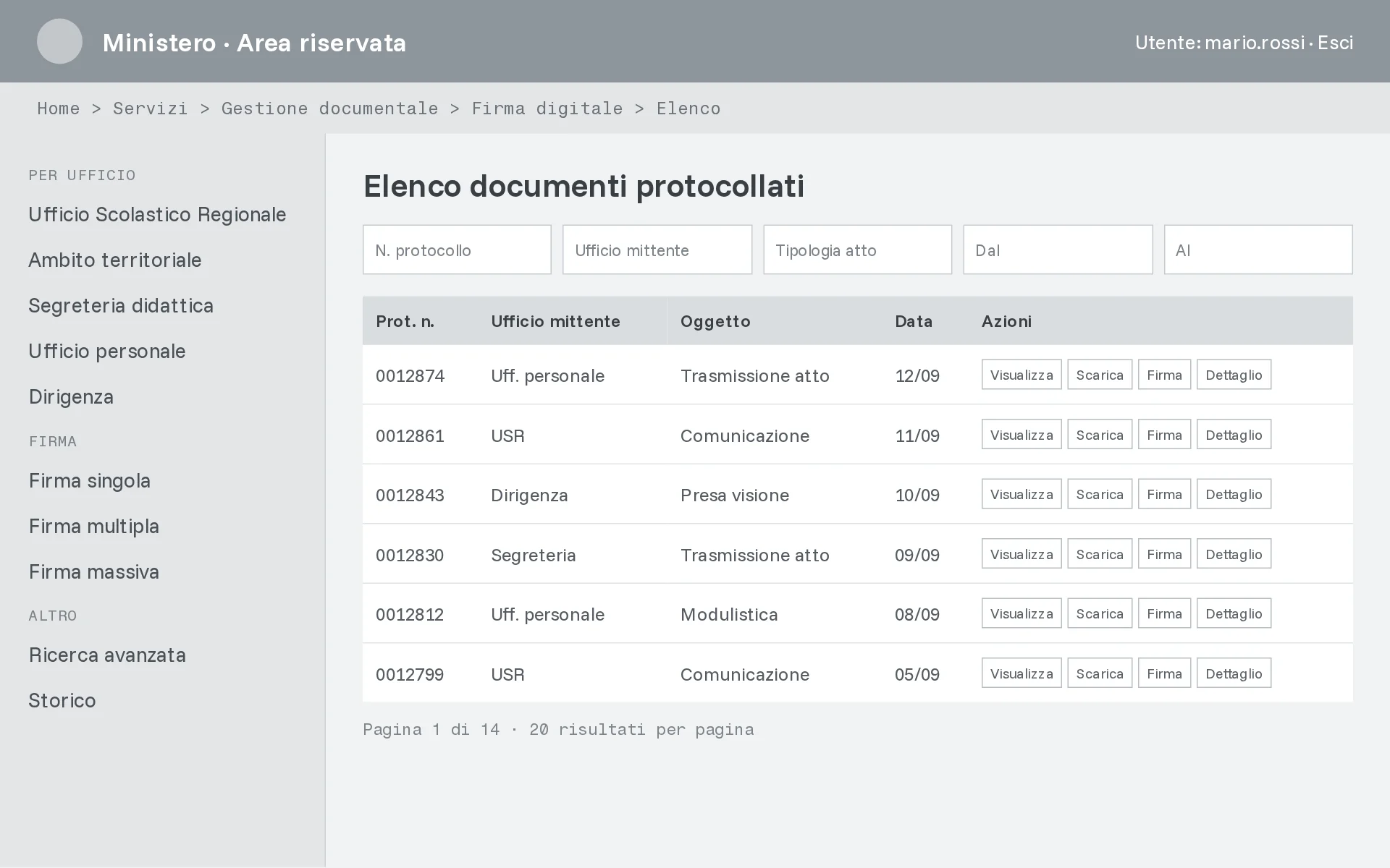 Wireframe reconstruction of the document list before the redesign: a menu by sending office, separate entries for single, multiple and bulk signature, and a table of protocol numbers with four equal buttons on every row