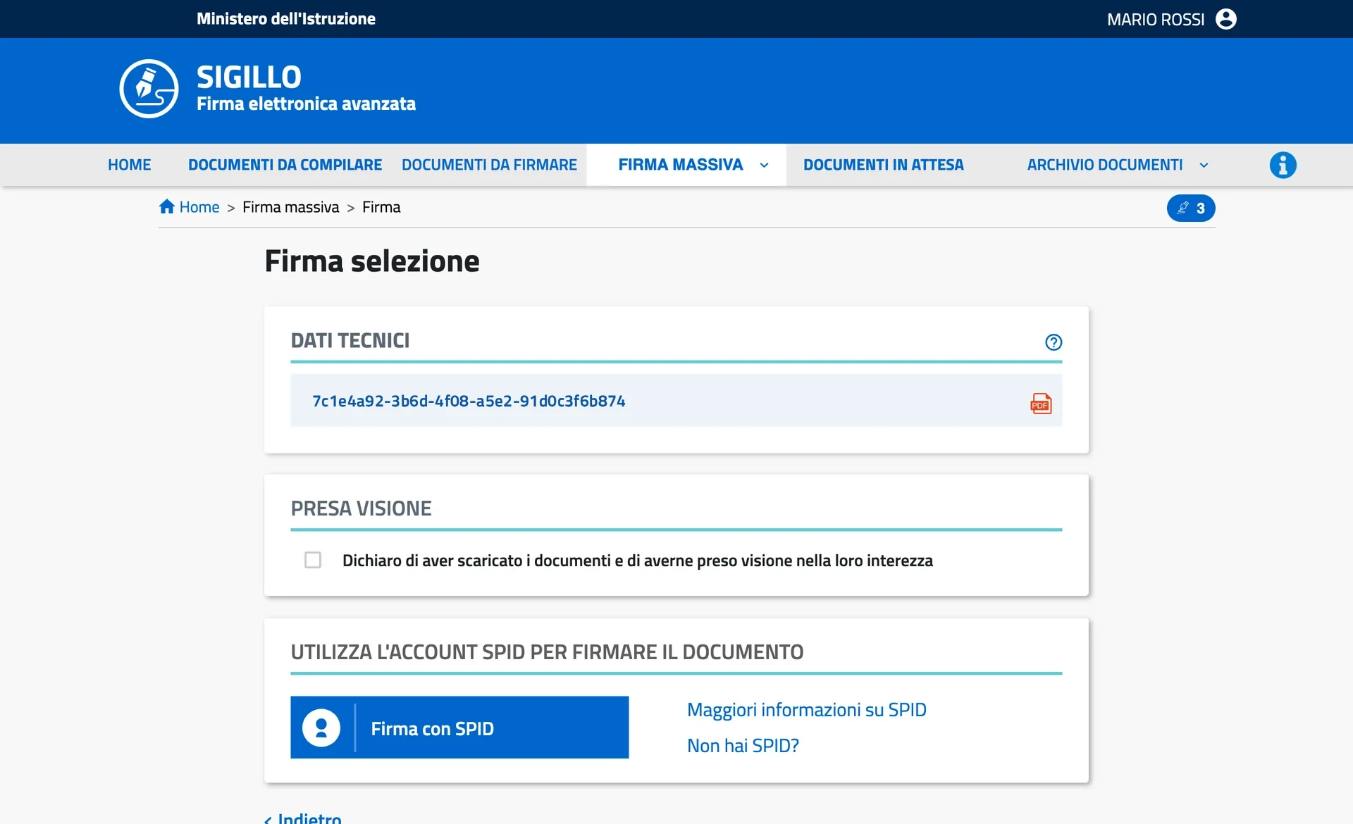 Firma selezione step of the bulk signature: a Dati tecnici card with the batch reference and its PDF, a single Presa visione checkbox for all the selected documents, and one card to sign them with SPID. A badge in the breadcrumb row shows how many documents are selected. Placeholder data.
