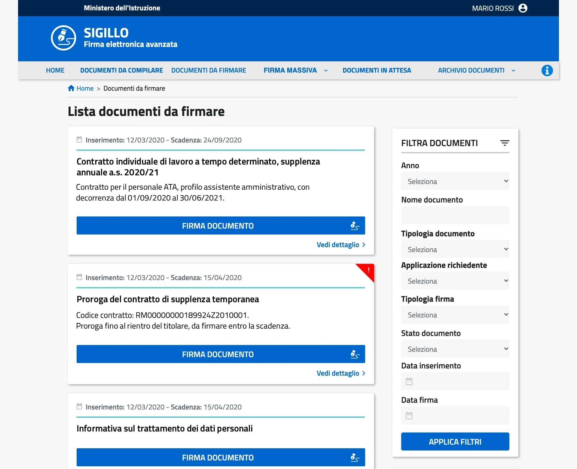Lista documenti da firmare: each document is a card with insertion and deadline dates, title and description, a full-width Firma documento button and a link to the detail; a red corner flags a document close to its deadline. On the right, a filters panel by year, name, type, requesting application, signature type, status and dates, and a list of documents about to expire. Placeholder data.