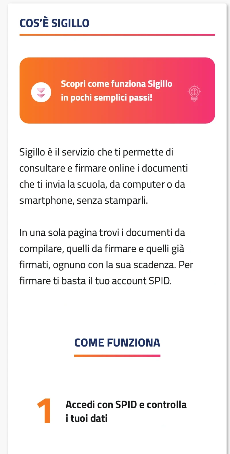 Cos’è Sigillo page for minors on mobile: a title, a banner inviting to discover how Sigillo works in a few simple steps, a short introduction, and a Come funziona section with numbered steps. Placeholder data.