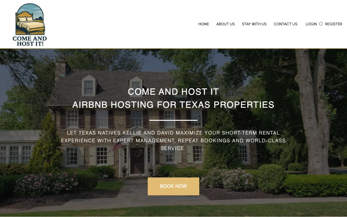 Come and Host It home page: the headline Airbnb hosting for Texas properties over a photo of a stone house, with a Book now button
