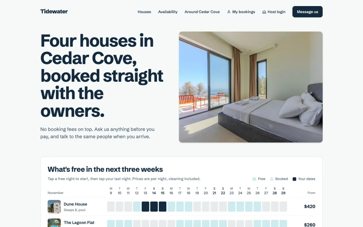 Redesign Plus demo, Availability first direction: the headline Four houses in Cedar Cove, booked straight with the owners next to a bedroom photo, with the free nights of the next three weeks below