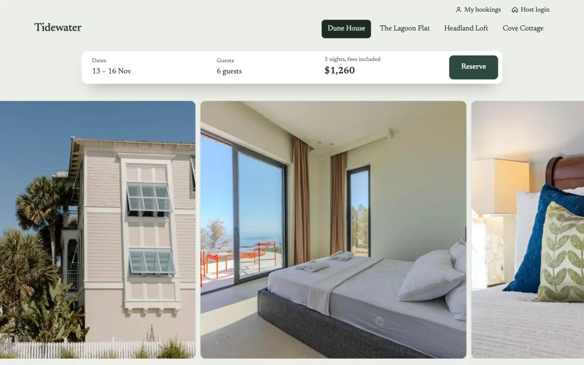 Redesign Plus demo, House first direction: tabs for the four houses at the top, a bar with dates, guests, a 1,260 dollar total and a Reserve button, above three large photos of Dune House