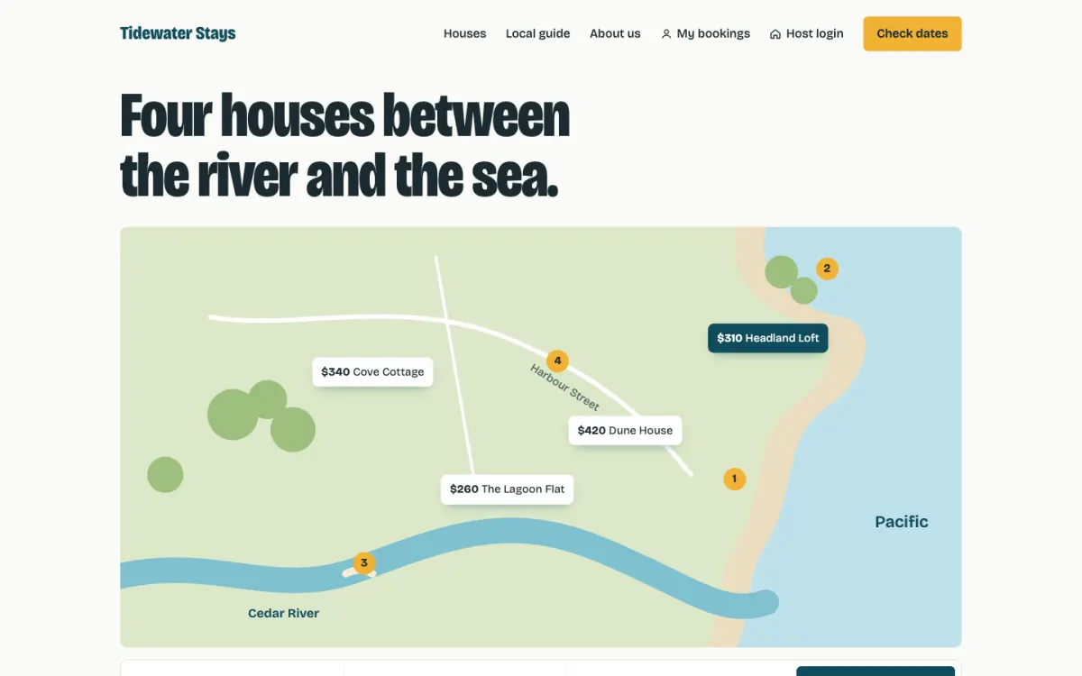 Redesign Plus demo, Map first direction: the headline Four houses between the river and the sea above an illustrated map with the river, the coast and the four houses with their nightly price